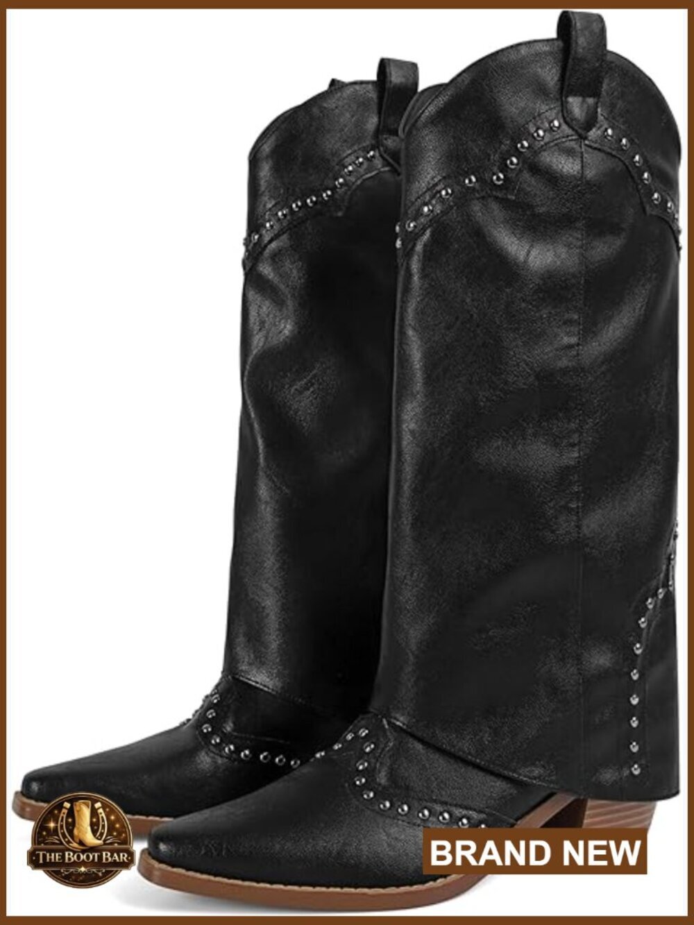 Studded Fold Over Mid Calf Cowboy Boots Chunky Heel Pull On